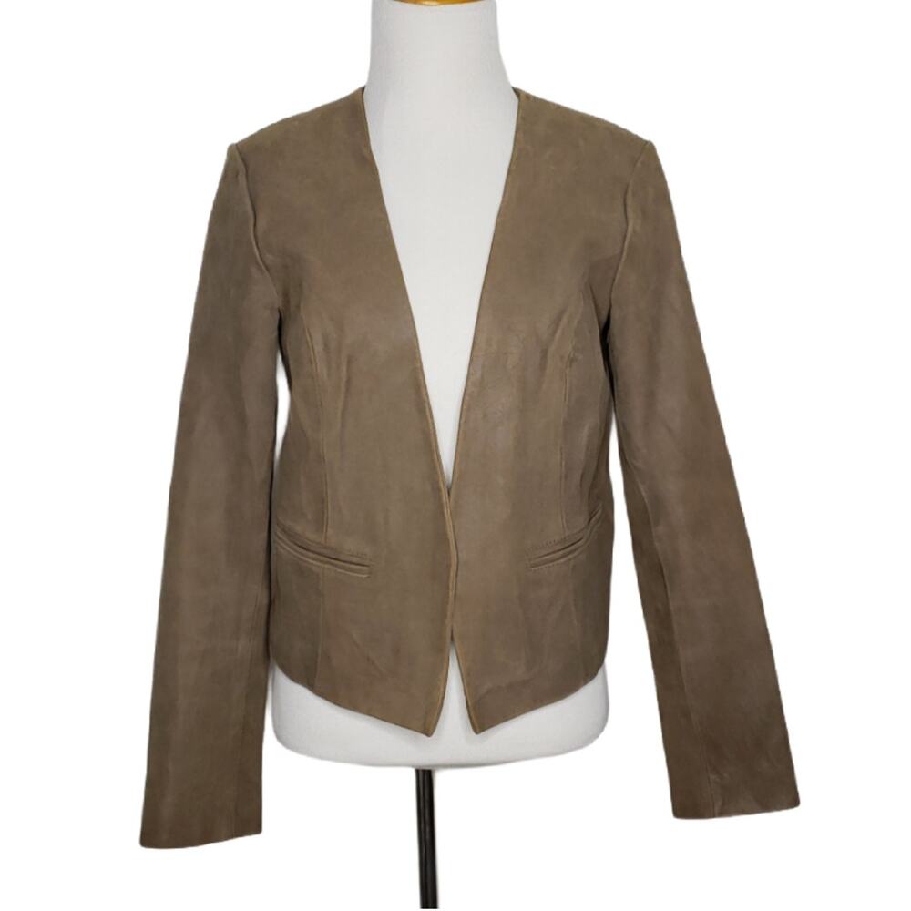 Joie Leather Jacket Tan Open Front Cropped Fitted Tailored Women Small